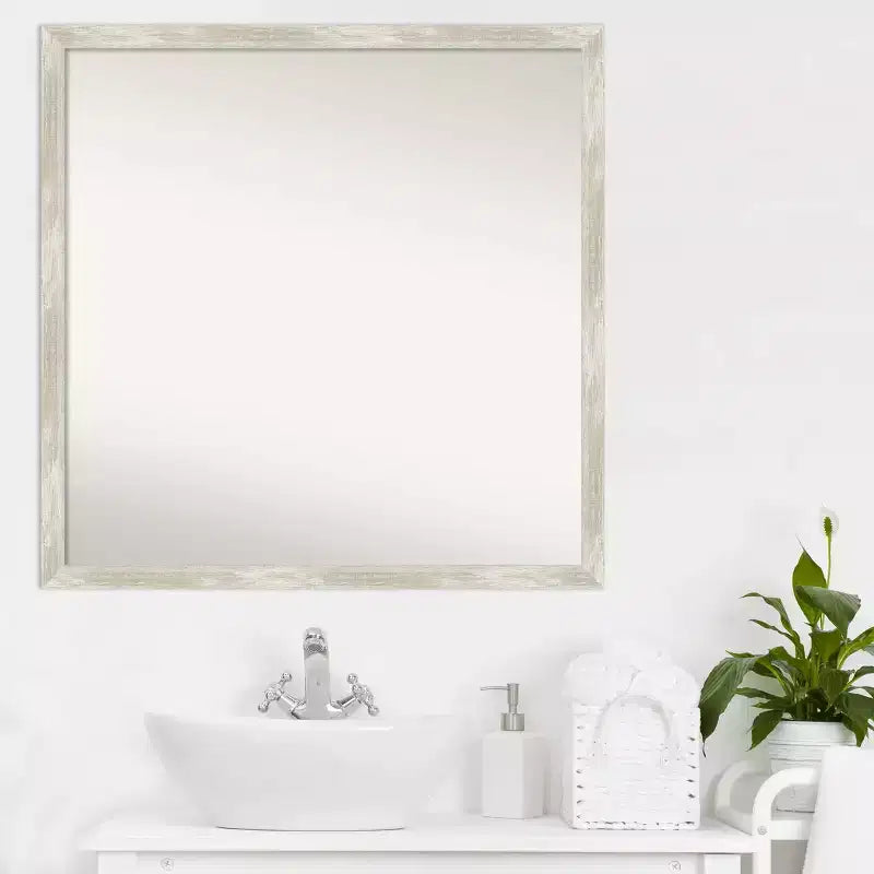 Miroir mural étroit de salle de bain non biseauté à effet craquelé 71 cm x 71 cm Argent métallique - : Comprend le matériel de montage, cadre en polystyrène