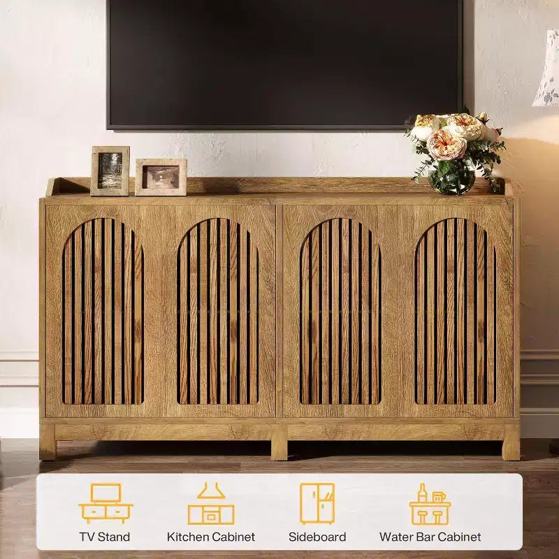 Meuble de Rangement de Cuisine, Buffet Vaisselier de Ferme 57" avec Porte Persienne et Étagère Réglable pour Salle à Manger