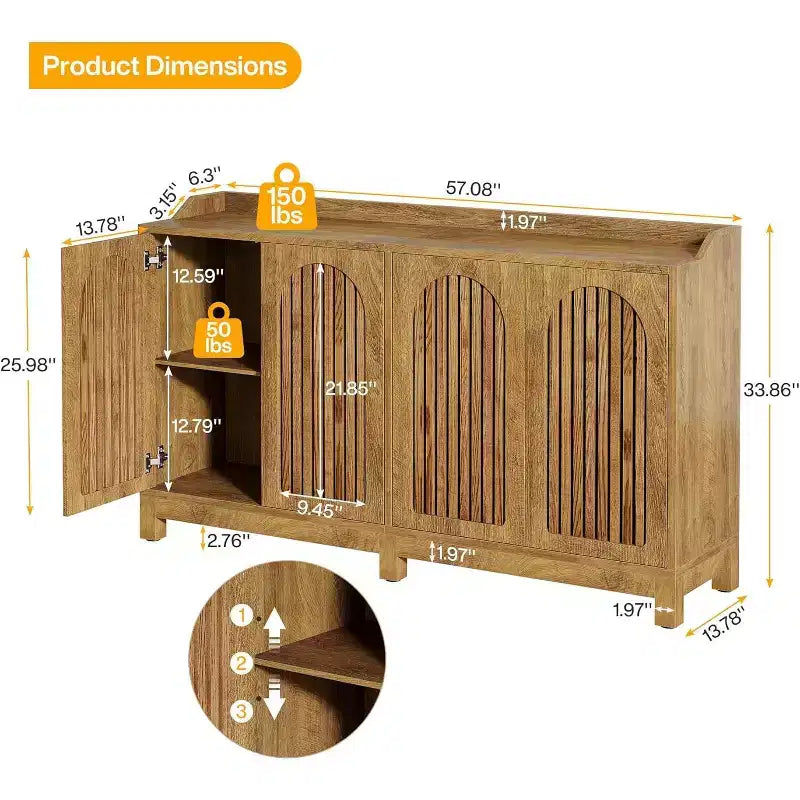 Meuble de Rangement de Cuisine, Buffet Vaisselier de Ferme 57" avec Porte Persienne et Étagère Réglable pour Salle à Manger
