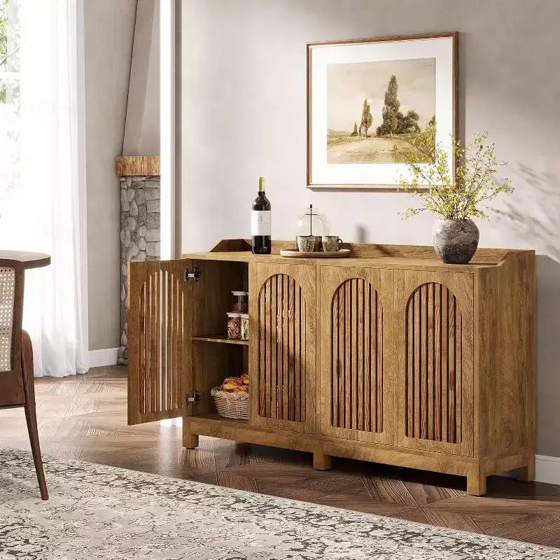 Meuble de Rangement de Cuisine, Buffet Vaisselier de Ferme 57" avec Porte Persienne et Étagère Réglable pour Salle à Manger