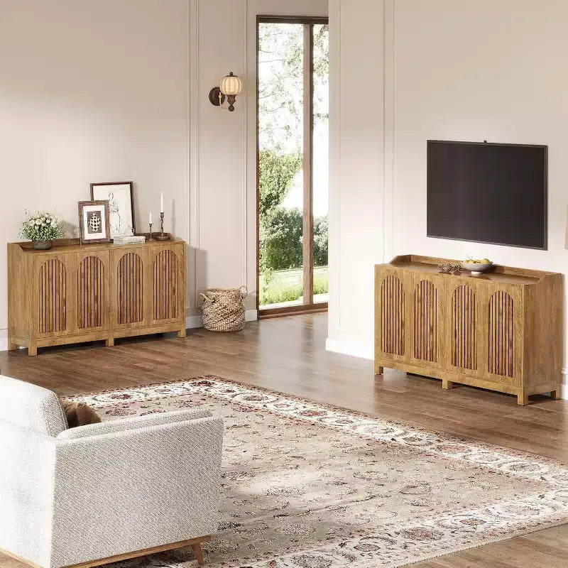 Meuble de Rangement de Cuisine, Buffet Vaisselier de Ferme 57" avec Porte Persienne et Étagère Réglable pour Salle à Manger