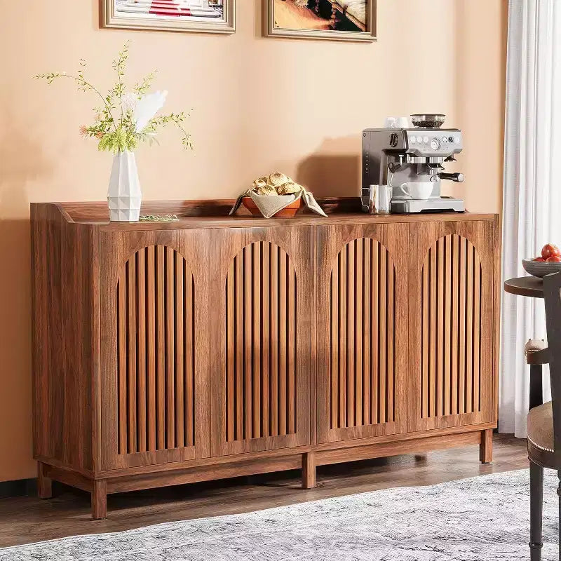 Meuble de Rangement de Cuisine, Buffet Vaisselier de Ferme 57" avec Porte Persienne et Étagère Réglable pour Salle à Manger