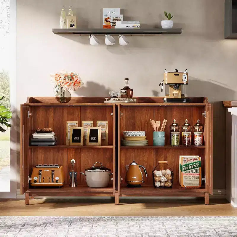 Meuble de Rangement de Cuisine, Buffet Vaisselier de Ferme 57" avec Porte Persienne et Étagère Réglable pour Salle à Manger