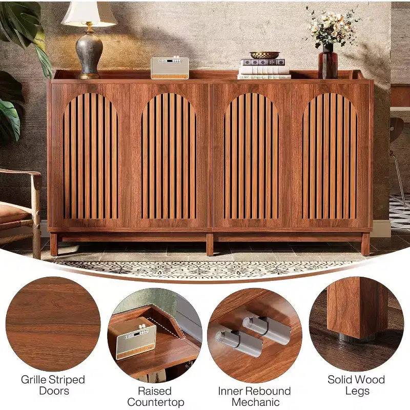 Meuble de Rangement de Cuisine, Buffet Vaisselier de Ferme 57" avec Porte Persienne et Étagère Réglable pour Salle à Manger