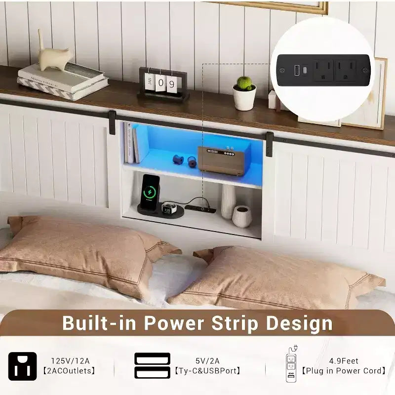 Lit avec éclairage LED et station de recharge, lit plateforme avec tête de lit bibliothèque de rangement, porte de grange coulissante, sans sommier tapissier (Noyer+Blanc)