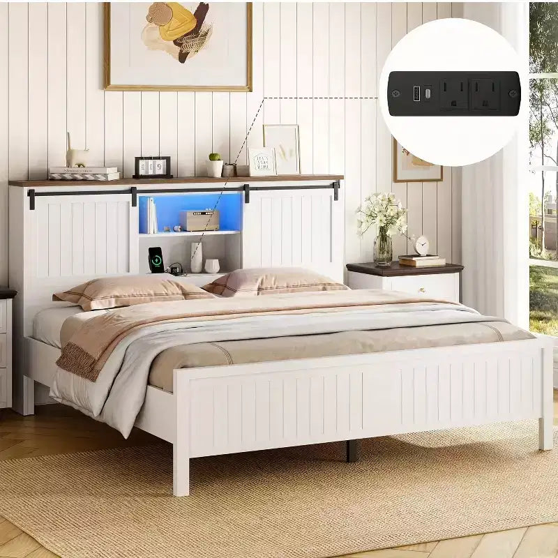 Lit avec éclairage LED et station de recharge, lit plateforme avec tête de lit bibliothèque de rangement, porte de grange coulissante, sans sommier tapissier (Noyer+Blanc)
