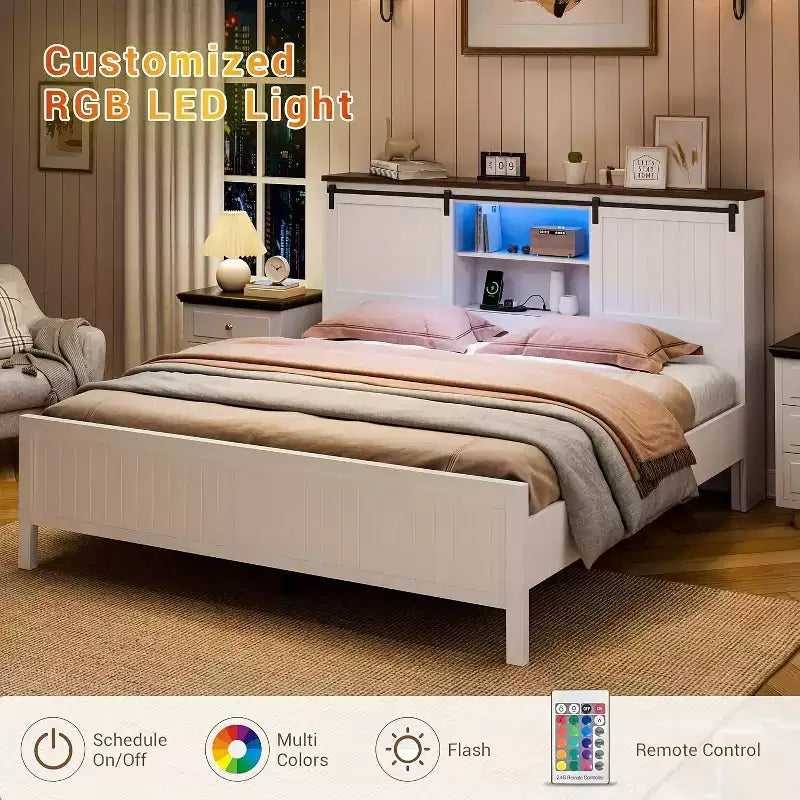 Lit avec éclairage LED et station de recharge, lit plateforme avec tête de lit bibliothèque de rangement, porte de grange coulissante, sans sommier tapissier (Noyer+Blanc)