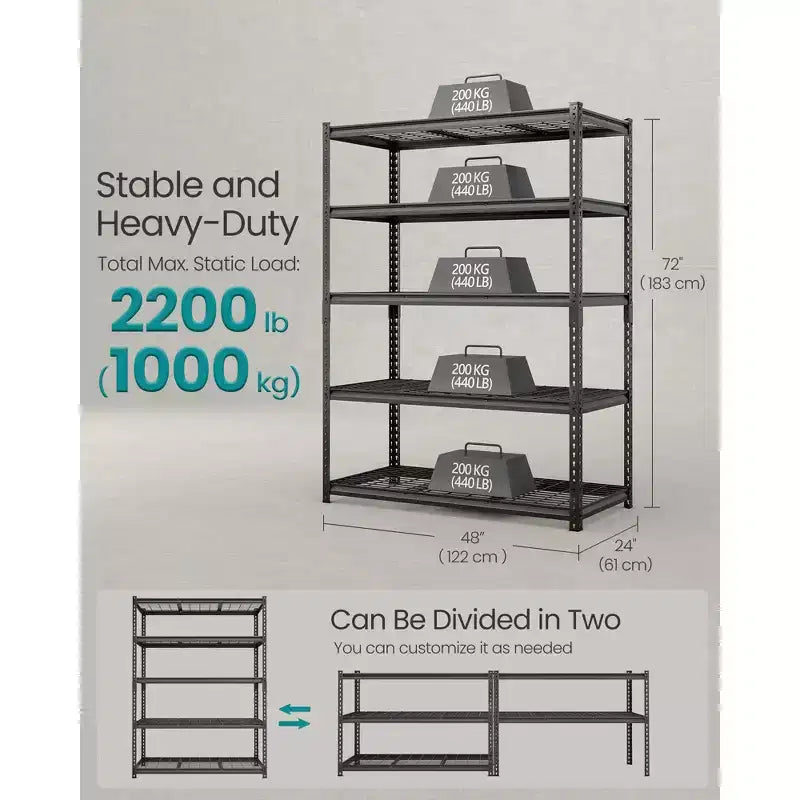Étagères de rangement à 5 niveaux, Étagères de garage robustes, Unité d'étagères réglables, Étagère en acier, Charge de 1 000 kg, 60 x 120 x 180 cm, Noir Encre