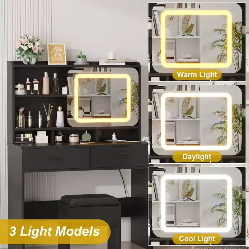 Coiffeuse avec miroir coulissant, coiffeuse et tabouret avec lumières 3 couleurs, coiffeuse pour filles avec station de recharge