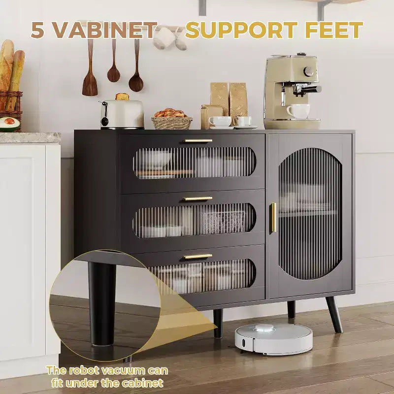 Bahut avec rangement, bahut avec portes vitrées encastrées et tiroirs, bahut noir pour cuisine, salle à manger, salon