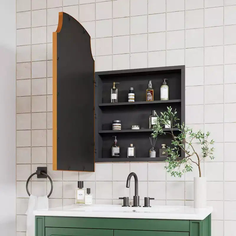 Armoire à pharmacie de salle de bain dorée avec miroir et 3 étagères de rangement murales, 75,9 cm (H) x 50 cm (L)