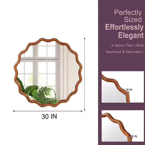 Miroir décoratif mural à cadre en bois massif ondulé rond de 30 po, style ferme moderne, pour chambre à coucher, salle de bain, salon, entrée, marron
