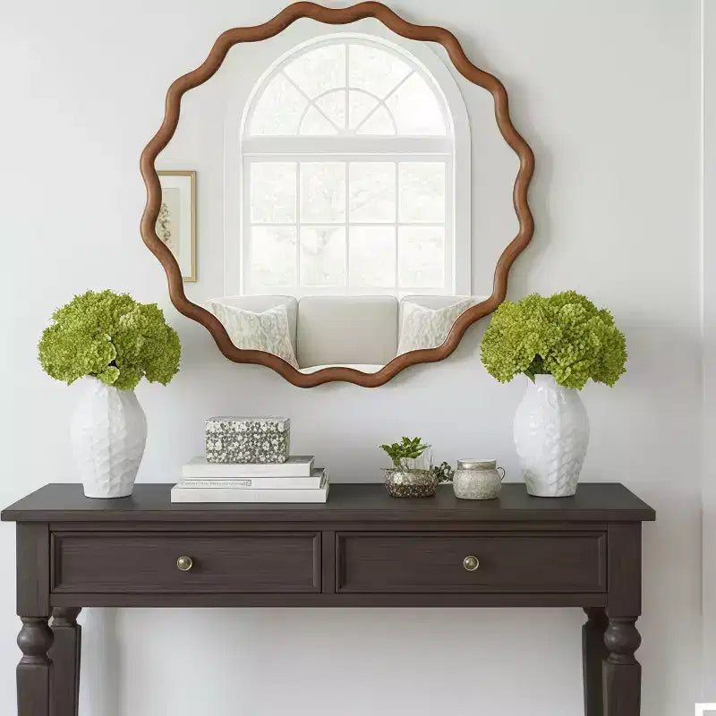 Miroir décoratif mural à cadre en bois massif ondulé rond de 30 po, style ferme moderne, pour chambre à coucher, salle de bain, salon, entrée, marron