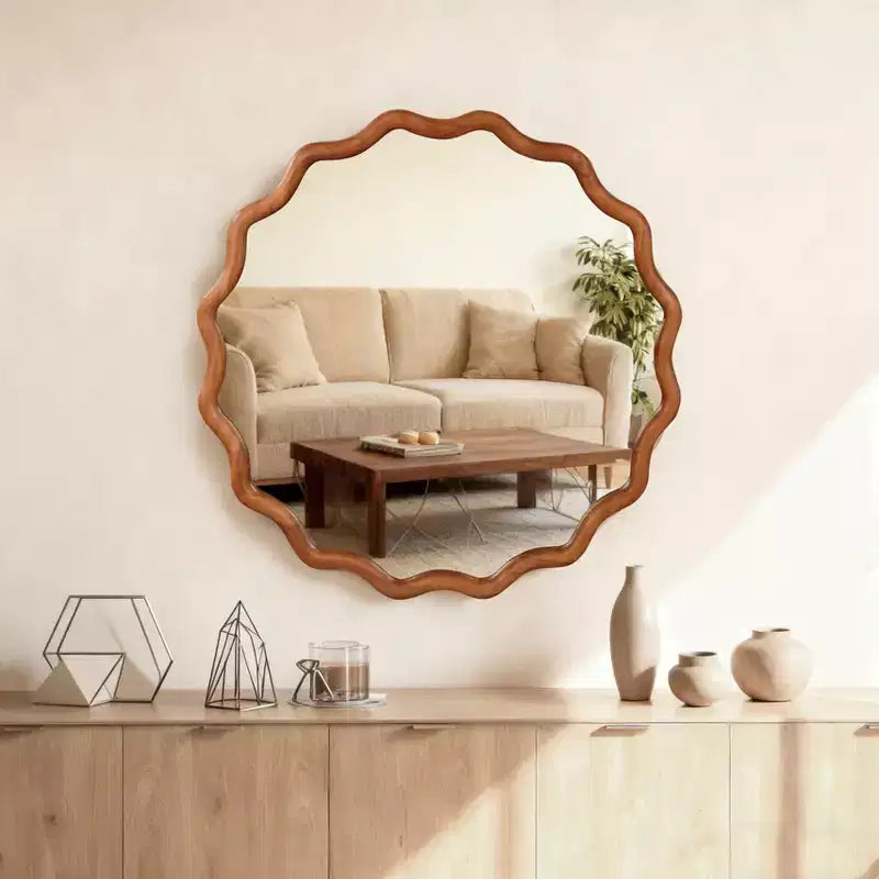 Miroir décoratif mural à cadre en bois massif ondulé rond de 30 po, style ferme moderne, pour chambre à coucher, salle de bain, salon, entrée, marron