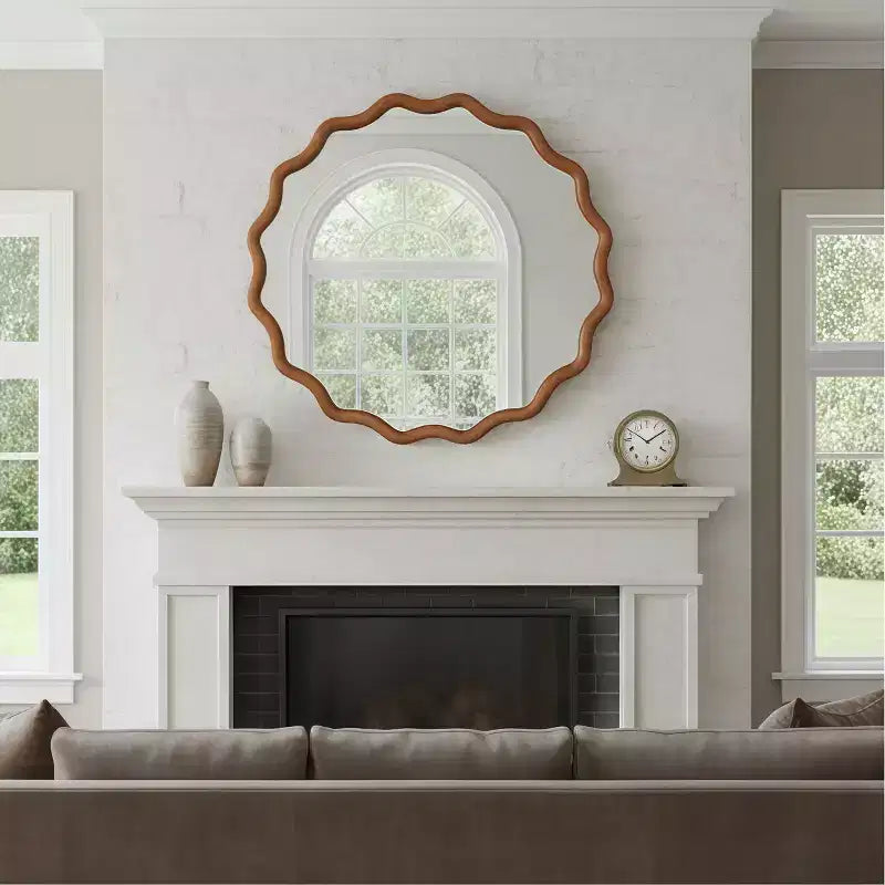 Miroir décoratif mural à cadre en bois massif ondulé rond de 30 po, style ferme moderne, pour chambre à coucher, salle de bain, salon, entrée, marron