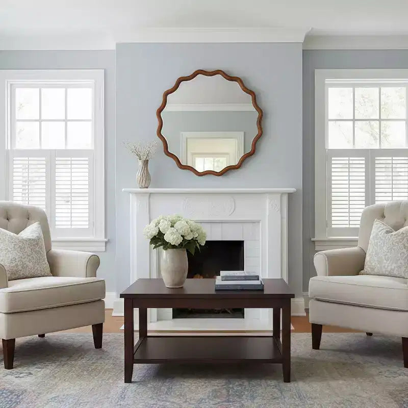 Miroir décoratif mural à cadre en bois massif ondulé rond de 30 po, style ferme moderne, pour chambre à coucher, salle de bain, salon, entrée, marron