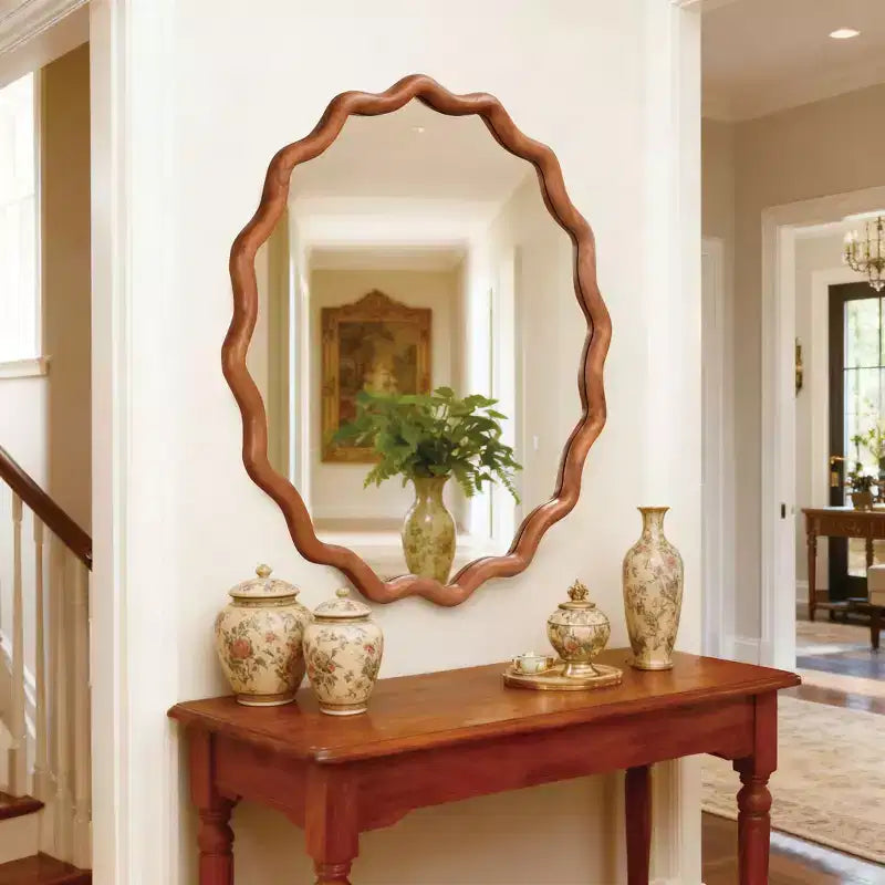 Miroir décoratif mural à cadre en bois massif ondulé rond de 30 po, style ferme moderne, pour chambre à coucher, salle de bain, salon, entrée, marron