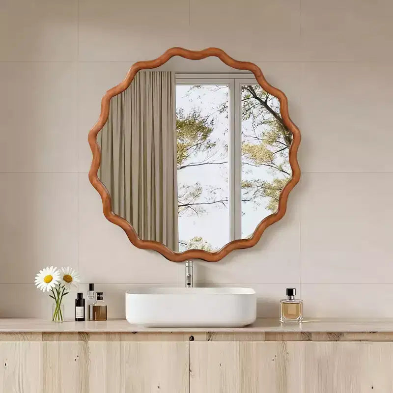 Miroir décoratif mural à cadre en bois massif ondulé rond de 30 po, style ferme moderne, pour chambre à coucher, salle de bain, salon, entrée, marron