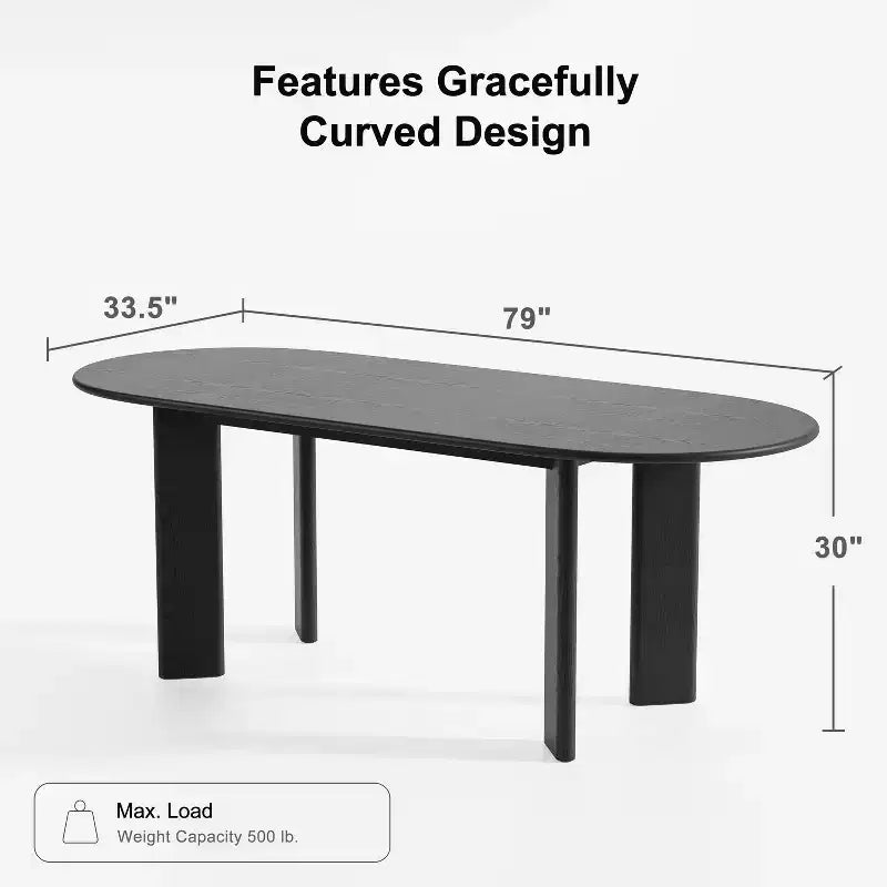 Table de salle à manger ovale incurvée de 79 po pour 6 à 8 personnes, table de cuisine moderne en bois massif avec plateau épaissi et base robuste pour salon ou cuisine, noire