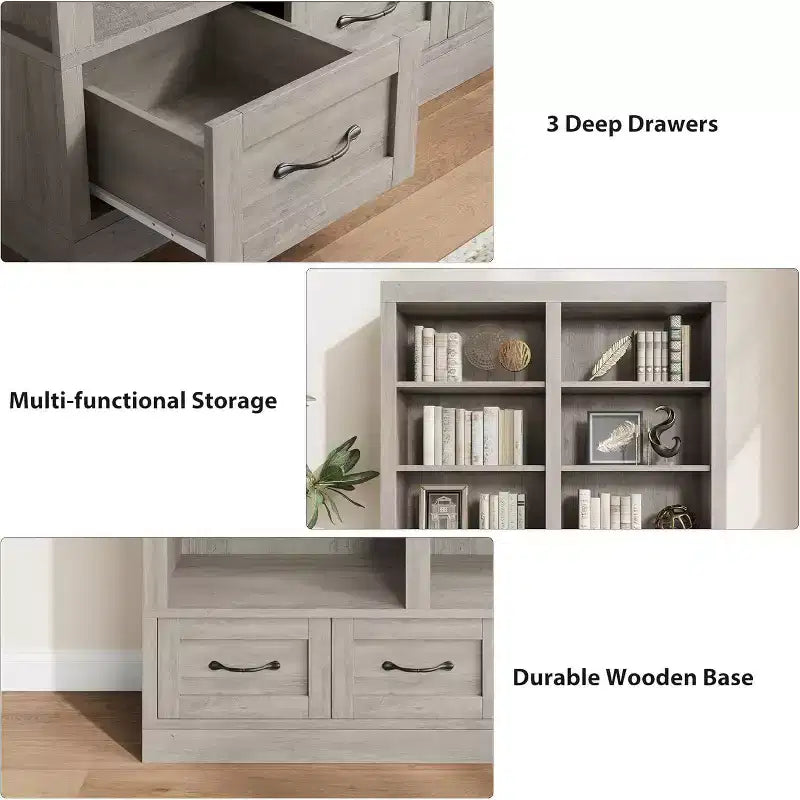 Bibliothèque haute double 4 étagères avec 3 tiroirs, rangement profond pour salon, bureau, chambre, 120 cm (L) x 30 cm (P)