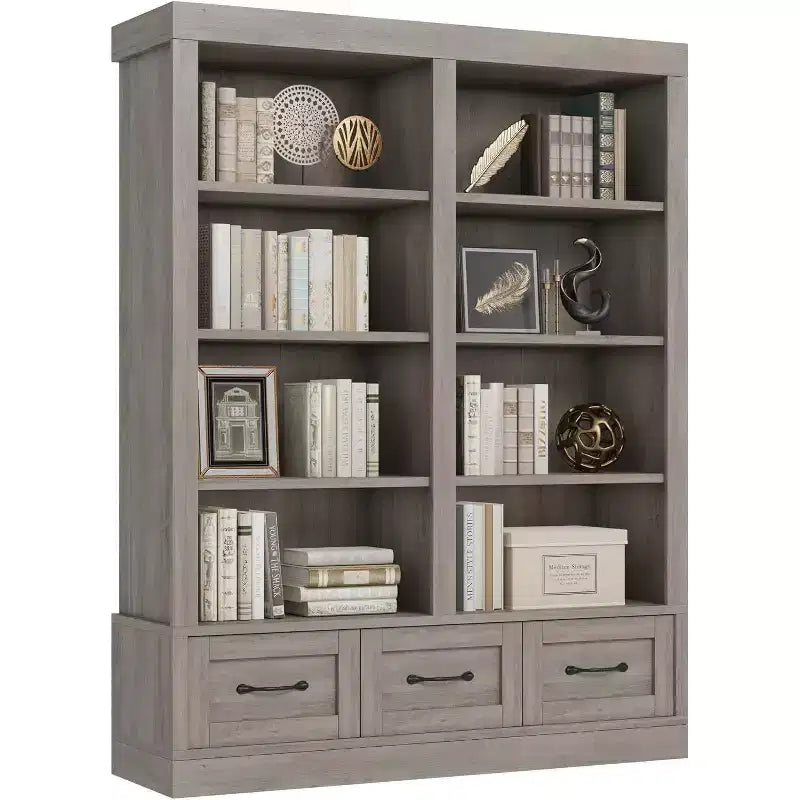 Bibliothèque haute double 4 étagères avec 3 tiroirs, rangement profond pour salon, bureau, chambre, 120 cm (L) x 30 cm (P)