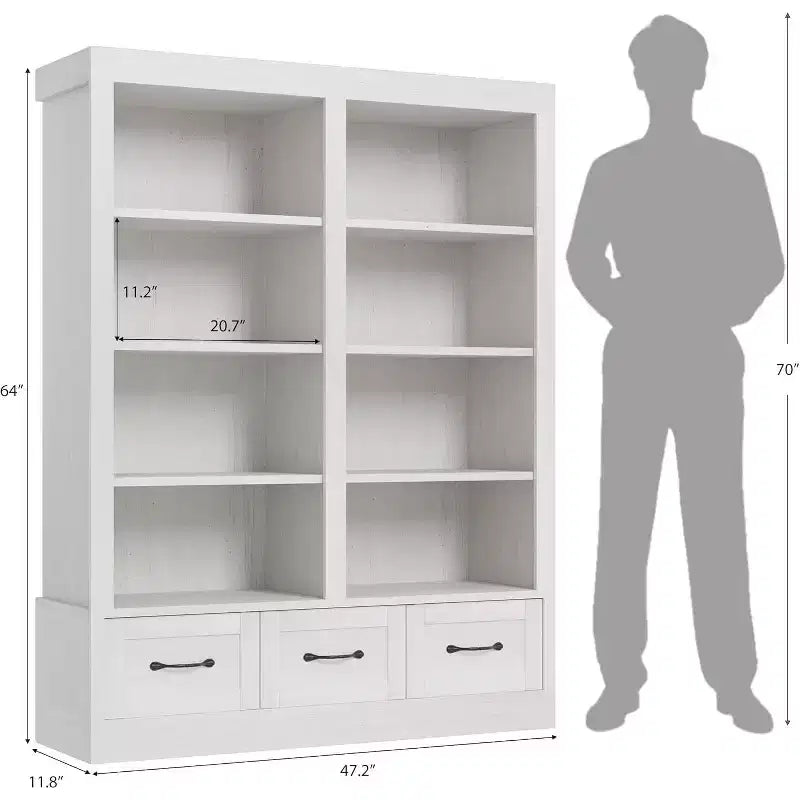 Bibliothèque haute double 4 étagères avec 3 tiroirs, rangement profond pour salon, bureau, chambre, 120 cm (L) x 30 cm (P)