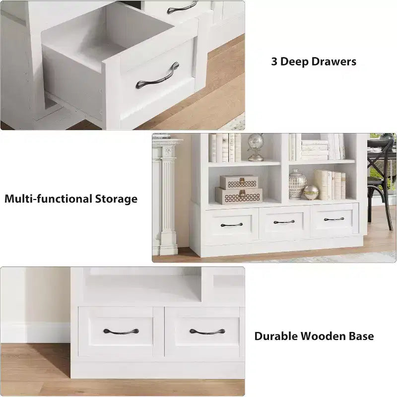 Bibliothèque haute double 4 étagères avec 3 tiroirs, rangement profond pour salon, bureau, chambre, 120 cm (L) x 30 cm (P)