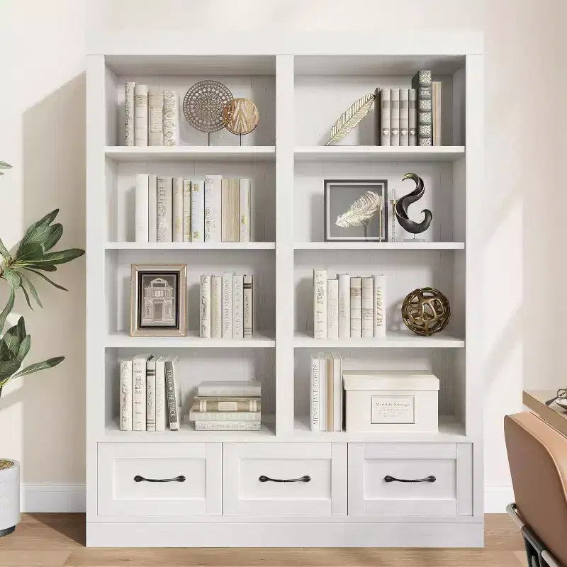 Bibliothèque haute double 4 étagères avec 3 tiroirs, rangement profond pour salon, bureau, chambre, 120 cm (L) x 30 cm (P)