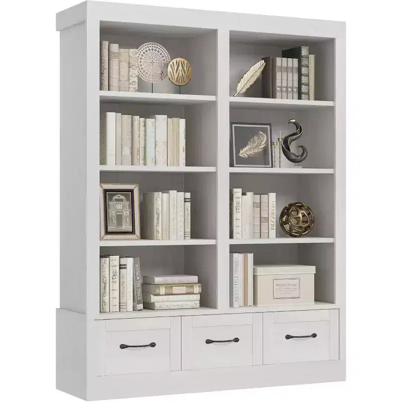 Bibliothèque haute double 4 étagères avec 3 tiroirs, rangement profond pour salon, bureau, chambre, 120 cm (L) x 30 cm (P)