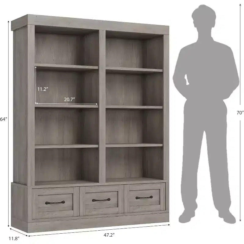 Bibliothèque haute double 4 étagères avec 3 tiroirs, rangement profond pour salon, bureau, chambre, 120 cm (L) x 30 cm (P)
