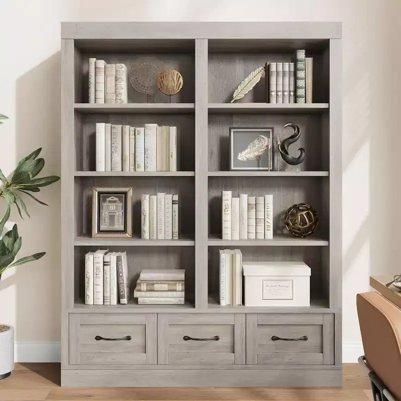 Bibliothèque haute double 4 étagères avec 3 tiroirs, rangement profond pour salon, bureau, chambre, 120 cm (L) x 30 cm (P)
