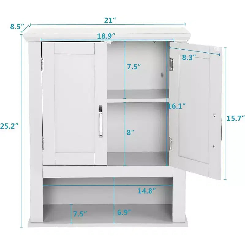 Armoire murale de salle de bain, armoire à pharmacie murale, organisateur de rangement au-dessus des toilettes avec 2 portes et 1 étagère réglable