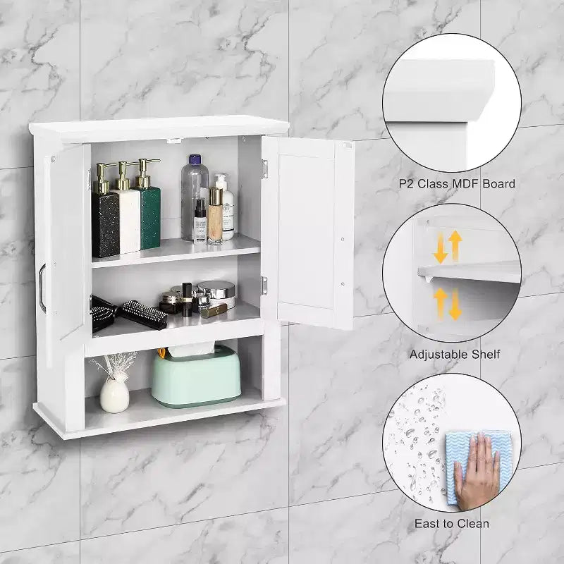 Armoire murale de salle de bain, armoire à pharmacie murale, organisateur de rangement au-dessus des toilettes avec 2 portes et 1 étagère réglable