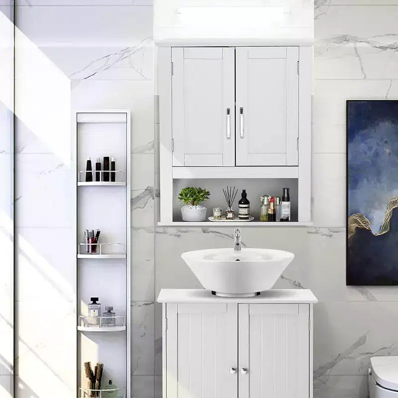 Armoire murale de salle de bain, armoire à pharmacie murale, organisateur de rangement au-dessus des toilettes avec 2 portes et 1 étagère réglable