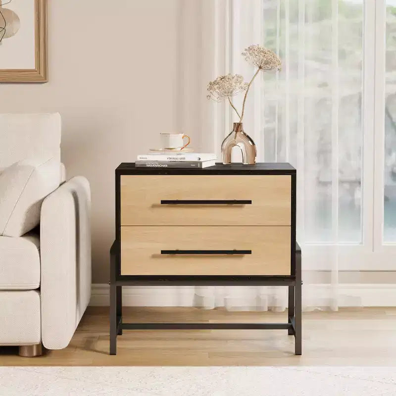 Table de chevet, table de nuit moderne du milieu du siècle avec 2 tiroirs de rangement, table d'appoint en bois clair et pieds en métal pour chambre à coucher, salon, marron foncé