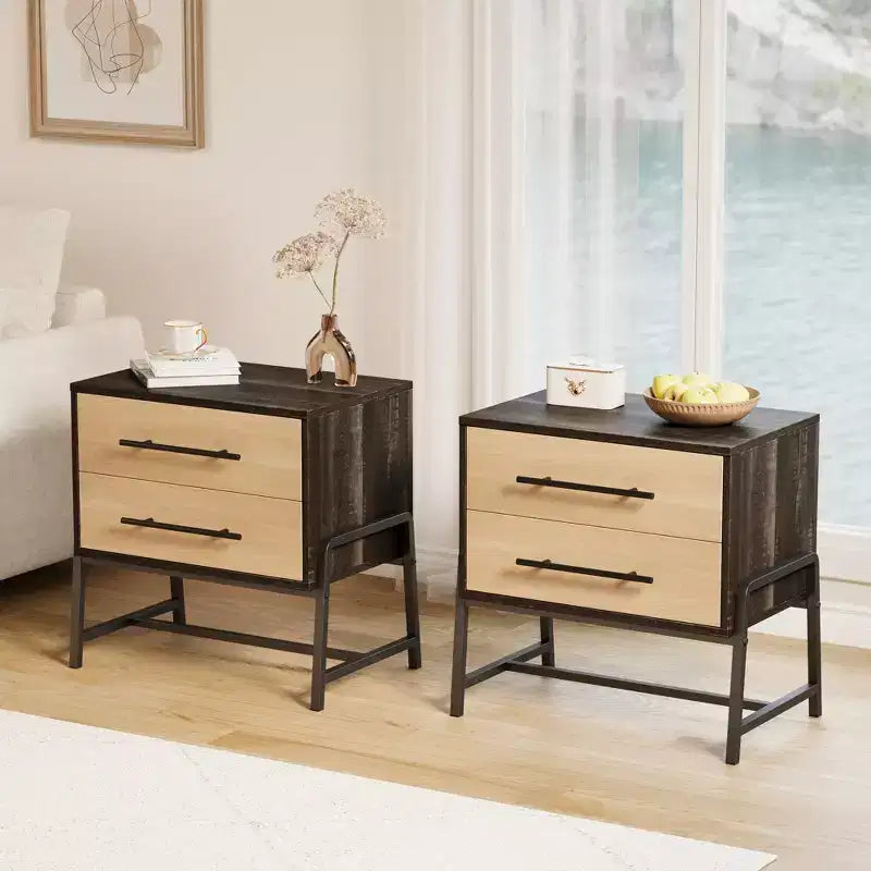 Table de chevet, table de nuit moderne du milieu du siècle avec 2 tiroirs de rangement, table d'appoint en bois clair et pieds en métal pour chambre à coucher, salon, marron foncé