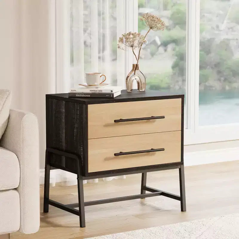 Table de chevet, table de nuit moderne du milieu du siècle avec 2 tiroirs de rangement, table d'appoint en bois clair et pieds en métal pour chambre à coucher, salon, marron foncé