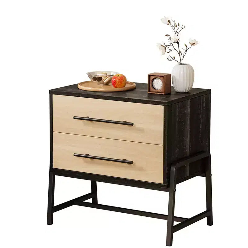Table de chevet, table de nuit moderne du milieu du siècle avec 2 tiroirs de rangement, table d'appoint en bois clair et pieds en métal pour chambre à coucher, salon, marron foncé