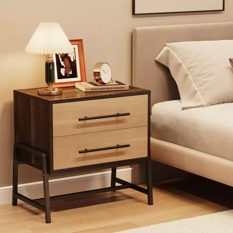 Table de chevet, table de nuit moderne du milieu du siècle avec 2 tiroirs de rangement, table d'appoint en bois clair et pieds en métal pour chambre à coucher, salon, marron foncé
