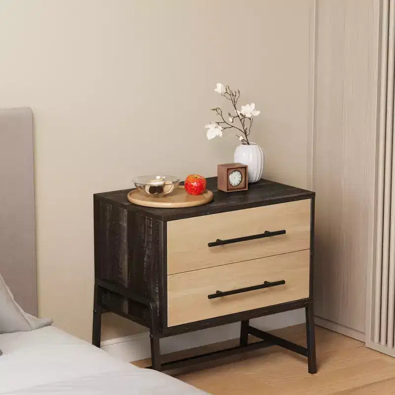 Table de chevet, table de nuit moderne du milieu du siècle avec 2 tiroirs de rangement, table d'appoint en bois clair et pieds en métal pour chambre à coucher, salon, marron foncé
