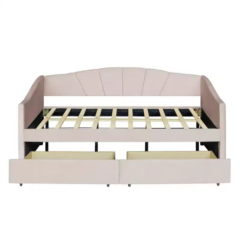 Lit de repos rembourré jumeau avec tiroirs de rangement, canapé-lit en velours en forme de L avec tête de lit et accoudoir pour chambre à coucher