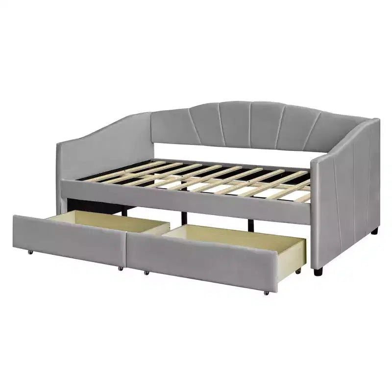 Lit de repos rembourré jumeau avec tiroirs de rangement, canapé-lit en velours en forme de L avec tête de lit et accoudoir pour chambre à coucher