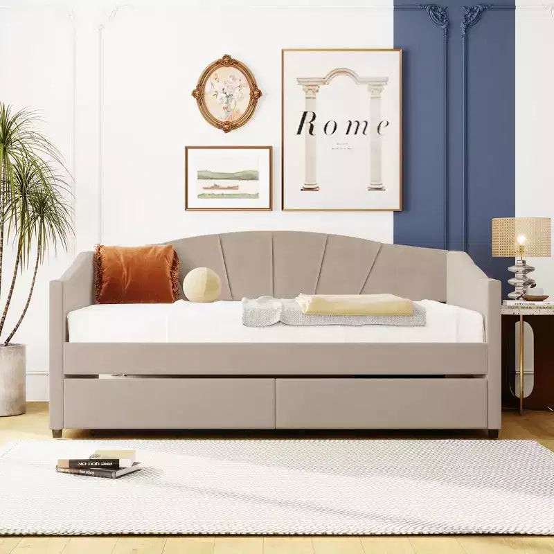 Lit de repos rembourré jumeau avec tiroirs de rangement, canapé-lit en velours en forme de L avec tête de lit et accoudoir pour chambre à coucher