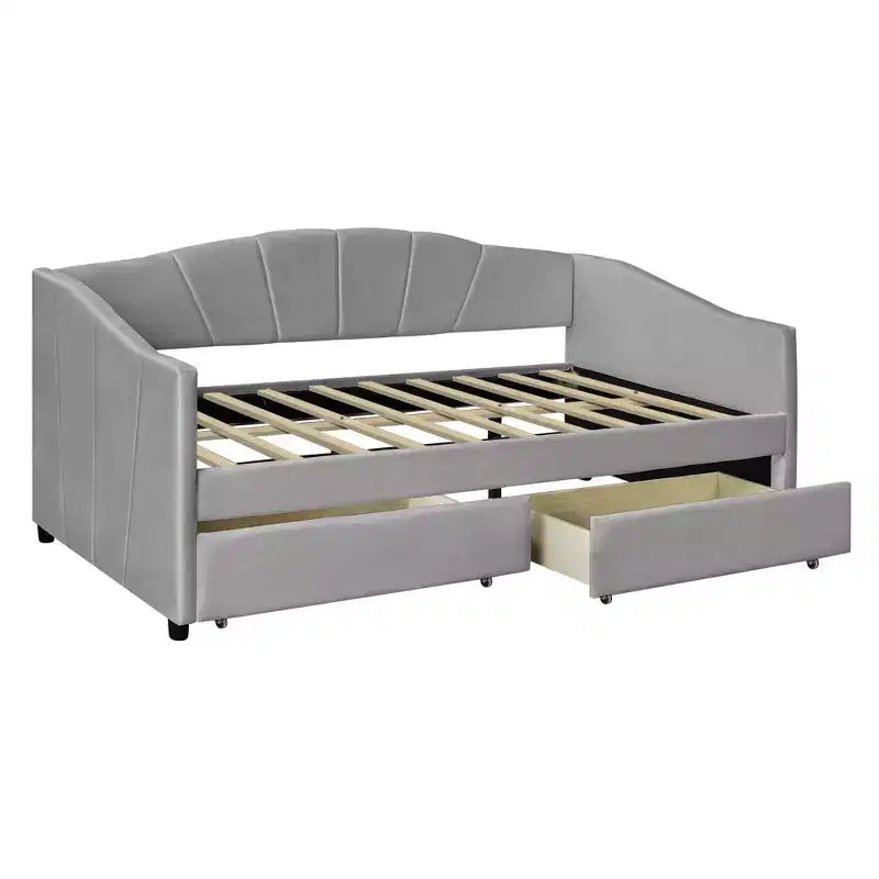 Lit de repos rembourré jumeau avec tiroirs de rangement, canapé-lit en velours en forme de L avec tête de lit et accoudoir pour chambre à coucher