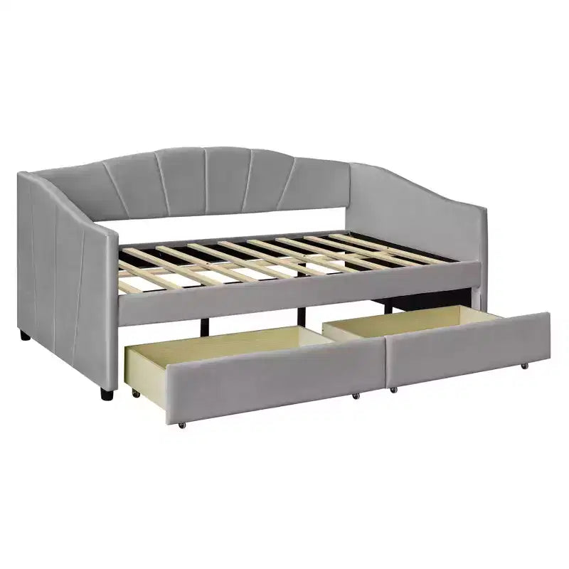 Lit de repos rembourré jumeau avec tiroirs de rangement, canapé-lit en velours en forme de L avec tête de lit et accoudoir pour chambre à coucher