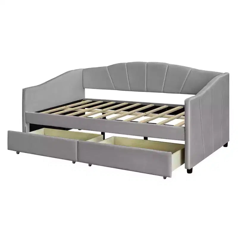 Lit de repos rembourré jumeau avec tiroirs de rangement, canapé-lit en velours en forme de L avec tête de lit et accoudoir pour chambre à coucher