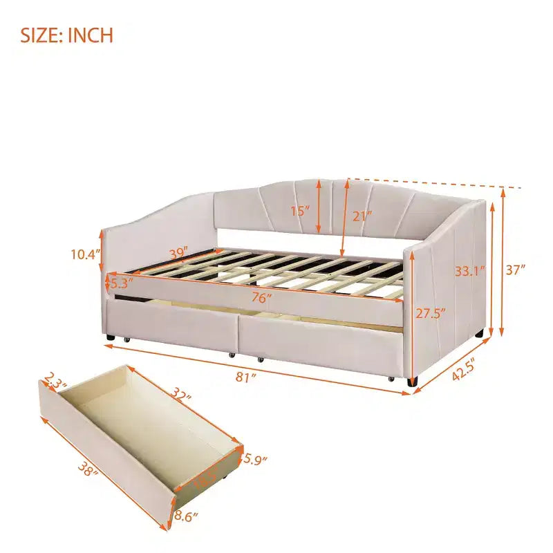Lit de repos rembourré jumeau avec tiroirs de rangement, canapé-lit en velours en forme de L avec tête de lit et accoudoir pour chambre à coucher