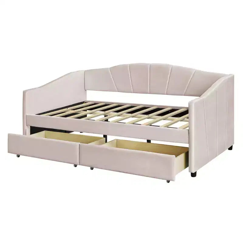 Lit de repos rembourré jumeau avec tiroirs de rangement, canapé-lit en velours en forme de L avec tête de lit et accoudoir pour chambre à coucher