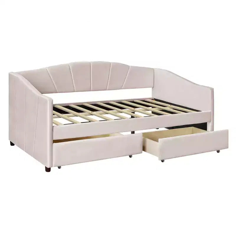 Lit de repos rembourré jumeau avec tiroirs de rangement, canapé-lit en velours en forme de L avec tête de lit et accoudoir pour chambre à coucher
