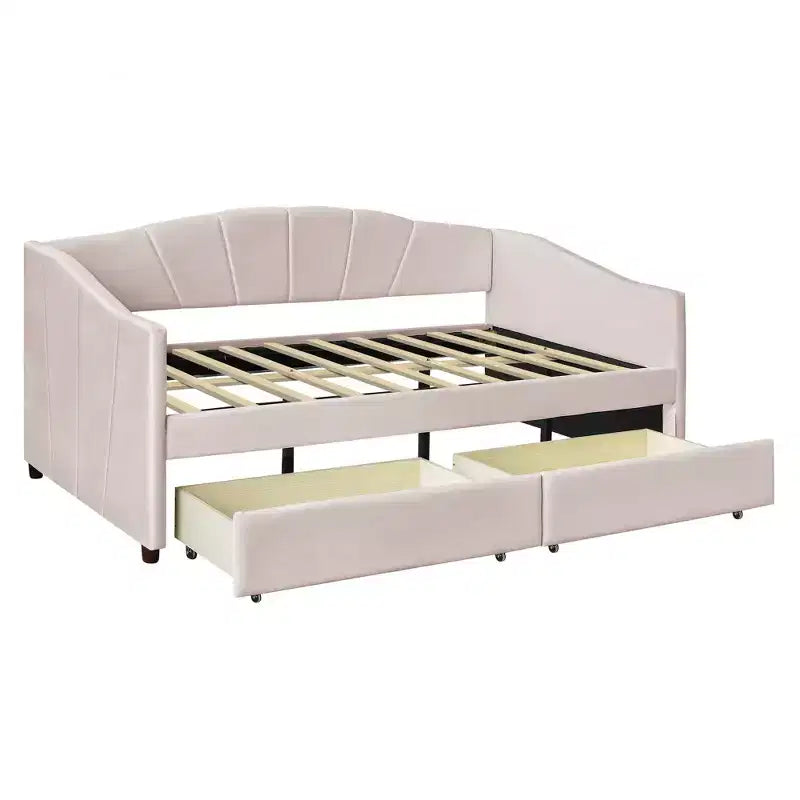 Lit de repos rembourré jumeau avec tiroirs de rangement, canapé-lit en velours en forme de L avec tête de lit et accoudoir pour chambre à coucher